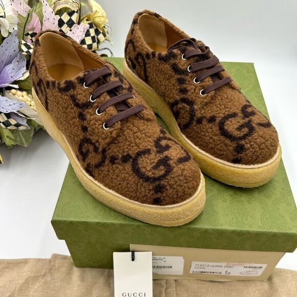 Men’s Gucci wool Shearling lace up shoes size 8, made in Italy - Picture 1 of 9